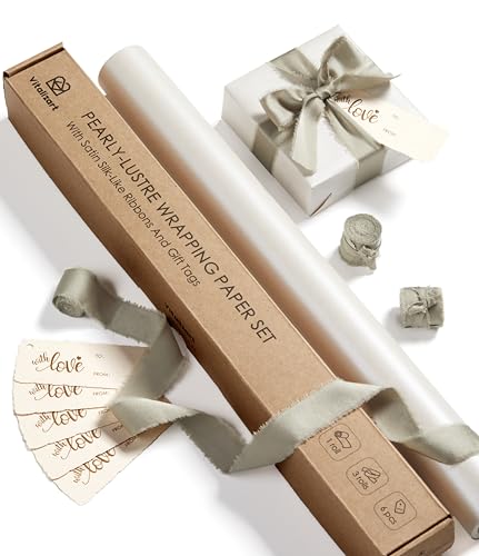 Vitalizart White Wrapping Paper Set 17" Pearly-Lustre With Silk Like Satin Ribbon & Gift Tags Recyclable Christmas Gift Wr...