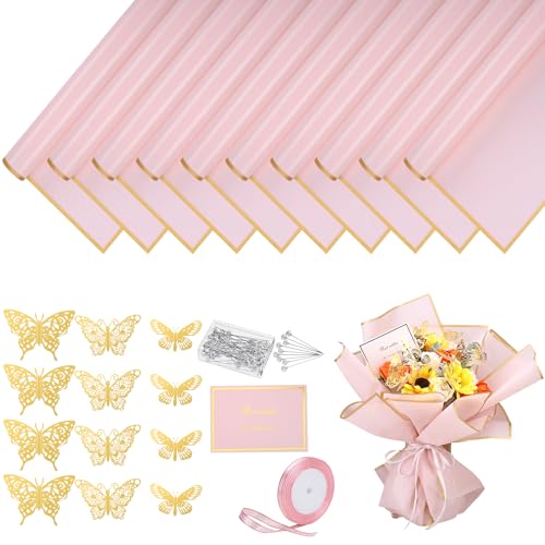 woric 93 Pcs Flower Bouquet Wrapping Paper Kits, 20 Sheets Waterproof Floral Wrapping Paper 10 Greeting Cards 12 Butterfly...