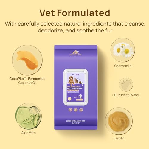 HICC PET Cleaning Deodorizing Glove Wipes for Dogs & Cats, Vet Recommended Hypoallergenic Hydrating & Nourish Fur Pet Groo...