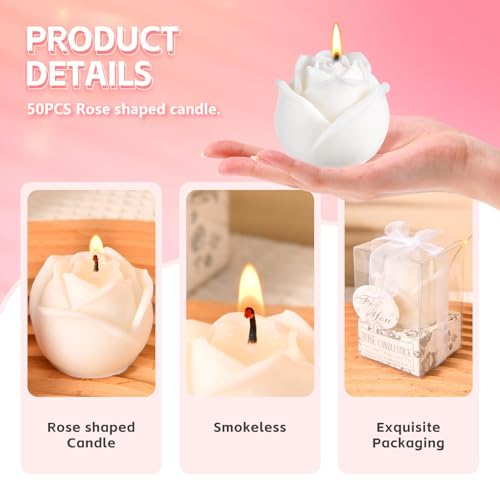 50Set White Rose Flower Shape Candle Bulk Wedding Party Favors Romantic Handmade Delicate Candles with Gift Box, Wedding C...