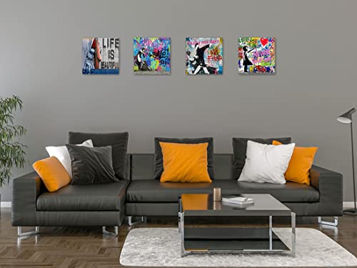 Biufo Banksy Canvas Wall Art Artwork Graffiti Street Print Pictures for Bedroom Living Room Wall Decor (12"x12"x4Pcs)