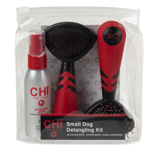 CHI for Dogs Small Dog Detangling Kit, 3-Piece Grooming Set with Detangling Spray, Slicker Brush, and Double-Sided Pin-an...
