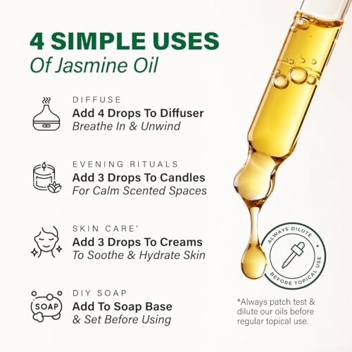 100% Pure Jasmine Oil - 4 Fl Oz Jasmine Essential Oil for Hair, Skin, Diffuser, Aromatherapy & DIY Soap Making Scent
