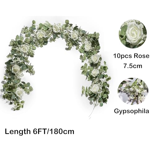 6FT Artificial Eucalyptus Garland with Flowers, 10 White Roses Baby Breath Garland Floral Greenery for Wedding Party Cente...