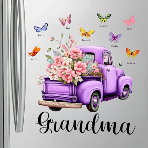 Gift for Grandma Pink Floral Truck Butterflies Sticker, Grandma Floral Butterfly Fridge Decal with Grandkids Names, Colorf...