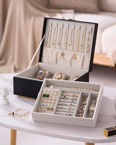 pickpiff 2 Layer Jewelry Box Organizer for Women, Jewelry Organizer with Handle & Removable Tray, Necklace Holder Ring Ear...
