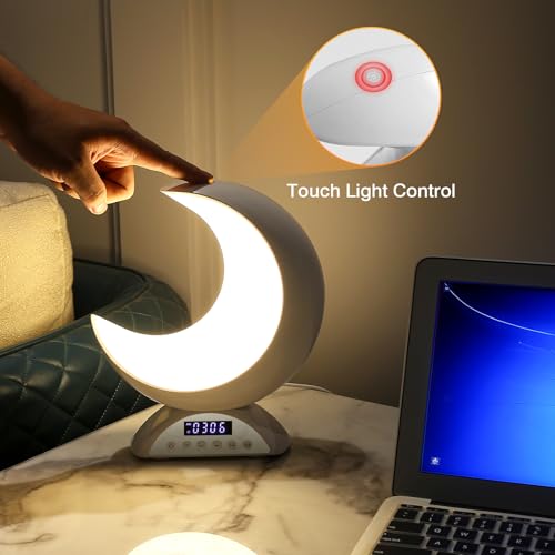 BRNEWO Moon Table Lamp with Time Alarm Clock, RGB Adjustable Light with Bluetooth, with Scene Mode and Music Mode, Warm Wh...