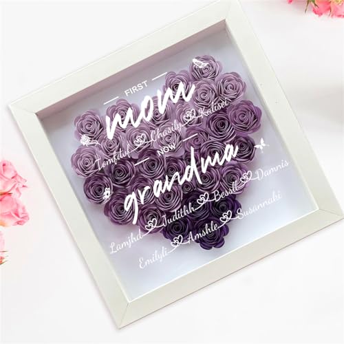 Wasetell Personalized First Mom Now Grandma Rose Flower Shadow Box with Name Mother's Day Heart-Shaped Frame Personalize G...