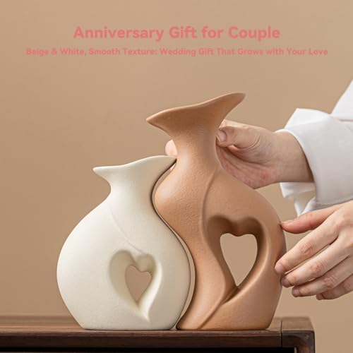 Heart Linked Couple Vase Set - 2-Pcs Beige & Brown Ceramic Vases with Hollow Heart Design, Romantic Gifts for Couples, Wed...