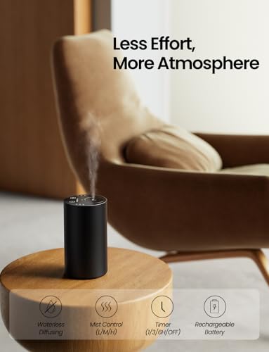 Waterless Essential Oil Diffuser, Rechargeable Scent Diffusers with 3 Mist Levels & Timers, Portable Aromatherapy Diffuser...
