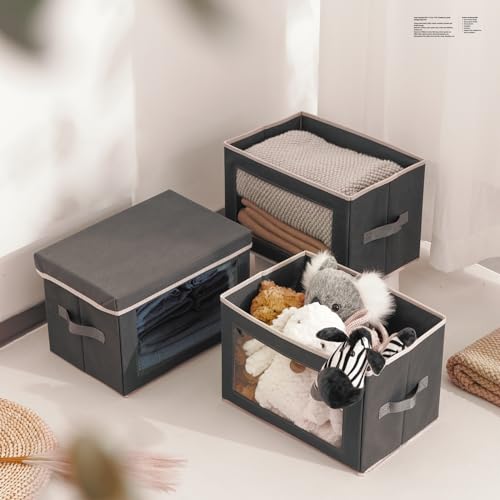 Homsorout Storage Bins with Lids - Fabric Storage Boxe with Window, Collapsible Closet Organizers with Handles, 3 Pack Dec...