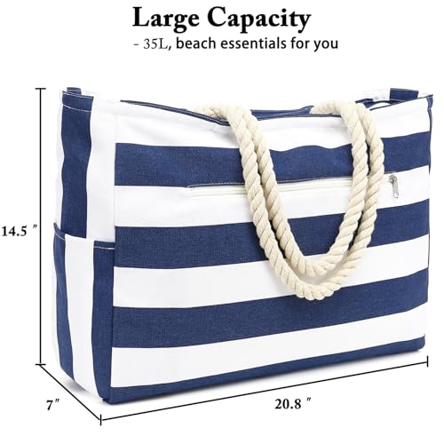 Fammart Beach Bags for Women, Large Canvas Tote Bag with Wet Pocket & Zipper, Waterproof Sandproof Pool Travel Bag