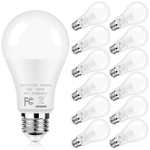 GoBright 12-Pack A19 LED Light Bulbs, 100W Equivalent Bulbs, 13W 5000K Daylight White LED Bulbs with Standard E26 Medium B...
