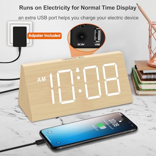 DreamSky Wooden Digital Alarm Clocks for Bedrooms - Electric Desk Clock with Large Numbers, USB Port, Loud Alarm for Heavy...