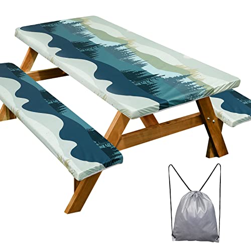 Picnic Table Cover with Bench Covers Camping Essentials Waterproof Windproof Camping Tablecloth with Drawstring Bag, Fitte...