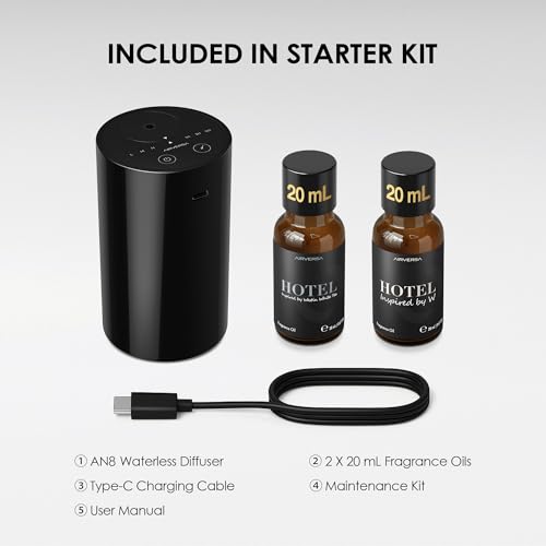 Airversa Waterless Essential Oil Diffuser Starter Kit with 2x20mL Hotel Scent Fragrance Oil for Home Car Room Office, Batt...
