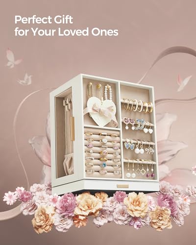 SONGMICS Jewelry Box 360° Rotating, Jewelry Storage Case with 5 Drawers, Jewelry Organizer, Glass Window, Spacious, Vertic...