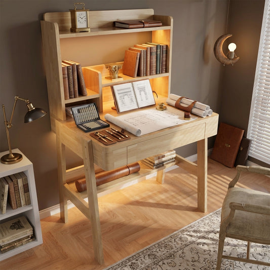 Children's Table, Height-adjustable Children's Desk Made Of Solid Wood, Natural Color, With LED Light Strip, USB Port, Drawer & Storage Space, Child-friendly, For Children Aged 6 And Up