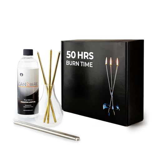 CANDWAX Refillable Candle - Everlasting Glass Oil Candle Gift Set with Lamp Oil Bottle 17oz, Funnel and 2 Sets of Metal Wi...
