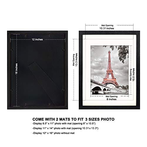 Luxdart 12x16 frames with Mat to Display 11x14 Picture or 8.5x11 photo 12 x 16 Black Solid Wood Picture Frame Wall Art for...