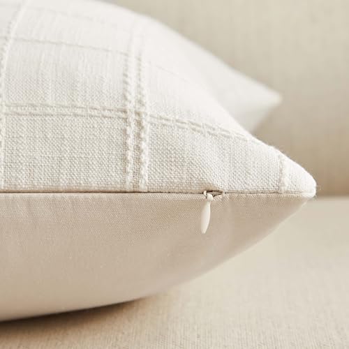 ZeeMart Linen Checked Throw Pillow Covers Set of 2, 18x18 Inch Ivory/Cream, Farmhouse Decorative Single Sided Grid Embroid...