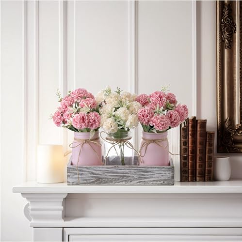 LUEUR 3PCS Artificial Hydrangea Flowers in Mason Jars with Wood Tray for Dining Table Coffee Table Farmhouse Home Decor Ce...