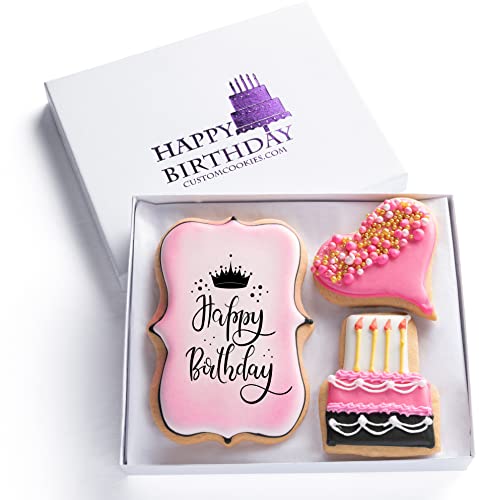 Happy Birthday Gift Basket Custom Sugar Cookies - Happy Birthday Cookies in Gift Box, Hand Decorated Kosher Treats for Wom...