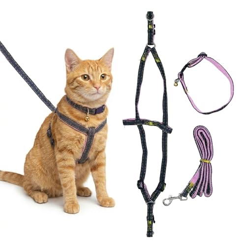 Adopet Adjustable Cat Harness, Leash and Collar Set for Medium Cats, Lightweight Breathable Walking Harness with Matching ...