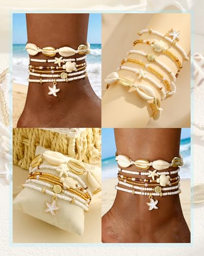 iF YOU Ankle Bracelet Set for Women, 14k Gold Waterproof Seashell Pearl Heart Starfish Conch Link Chain Anklets Set, Boho ...