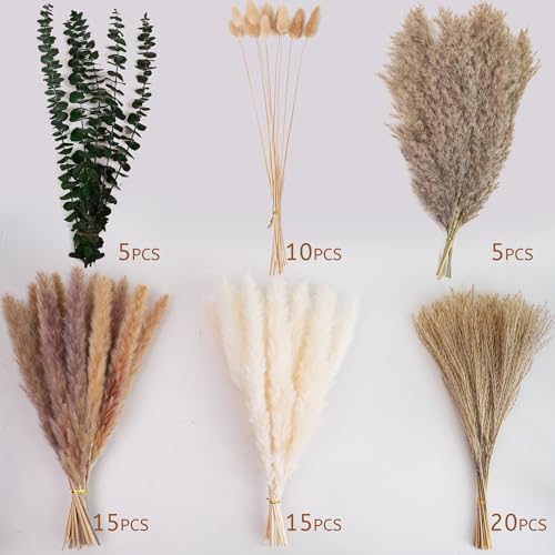 Pampas Grass Decor, Dried Flower Bouquet with Bunny Tail Grass, Pampas Grass & Eucalyptus, Boho Centerpieces for Tables & ...