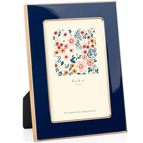 Venusmiles 4x6 Enamel Picture Frame, Gold Metal Edge with Easel, Real Glass Photo Frame for Wall and Tabletop Display Fami...