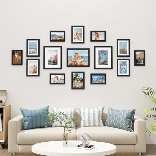 Vittanly 15 Pack Picture Frames Collage Wall Decor for Mounting or Tabletop Display, Gallery Frame Set for Family, Multi S...