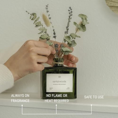 Craft & Kin Reed Diffuser with Dried Flowers | 5 oz Santal Woods Scented Reed Diffusers for Home, Bathroom | Scent Sticks...