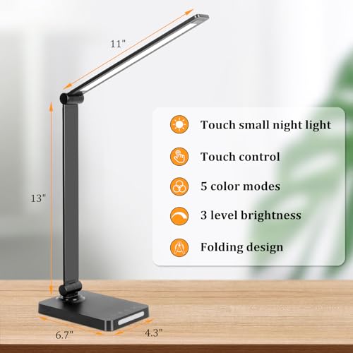 LED Desk Lamp with USB Ports,Touch Desk Lamps for Home Office with 5 Color Modes,3 Brightness Desk Light with Small Night ...