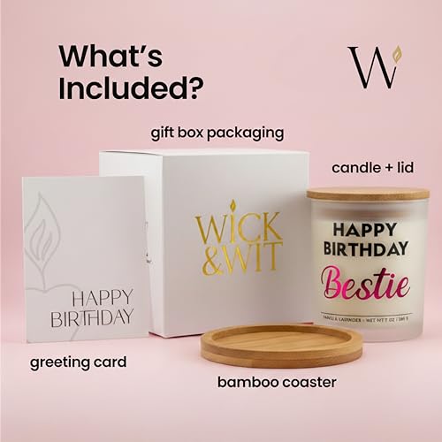 Wick and Wit Bestie Birthday Gifts for Women - Happy Birthday Bestie Gifts for Women Friend Friendship Soy Candle Gift Set...