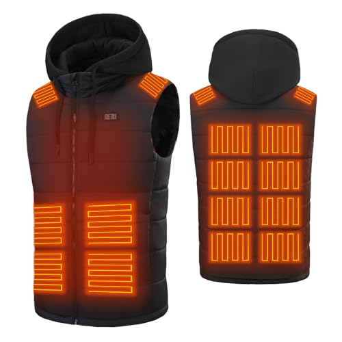 CHANGEOWN Men Heated Vest with 14 Heating Zones Dual Control Electric Heating Vest with Detachable Hood, Battery Not Included