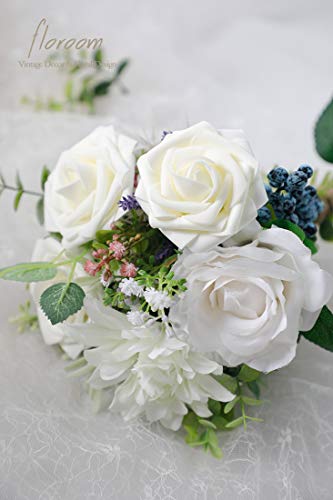Floroom Artificial Flowers 50pcs Real Looking Ivory Foam Fake Roses with Stems for DIY Wedding Bouquets White Baby Shower ...