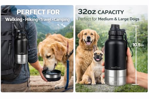 Portable Dog Water Bottle with Built-in Bowl, Leakproof Pet Travel Water Dispenser, 32oz Stainless Steel Dog Water Bottle ...