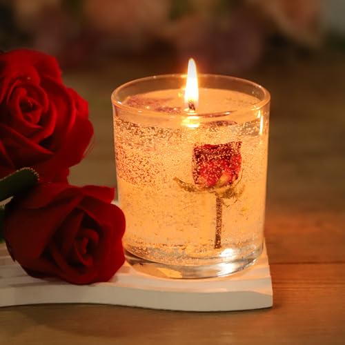 Gel Wax Candle,Sparkling Real Rose & Gold Flakes Candle in Glass Jar,Floral Scented,Smokeless Clean Burn,Glam Home Decor o...