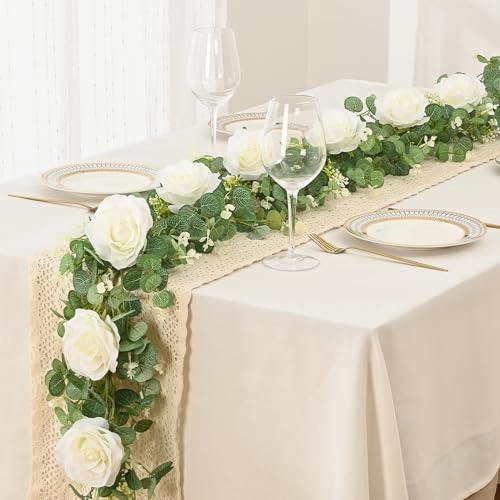 Dolicer 4Pcs 26Ft Artificial Eucalyptus Garlands with Flowers - 8 Roses, Faux Floral Greenery Garlands Fake Flowers Vines ...