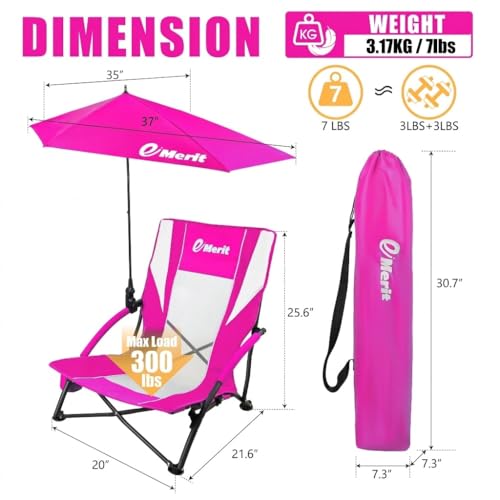 EMERIT Low Beach Chairs for Adults with Removable UPF 50+ Umbrella, Lightweight Folding Backpack Camping Chair with Cup Ho...