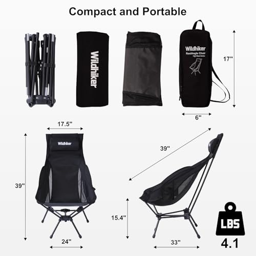 Wildhiker Portable Compact Folding Camping Chairs – Lightweight High Back with Pillow, Deep Recline, ArmPads, Side Pocket...