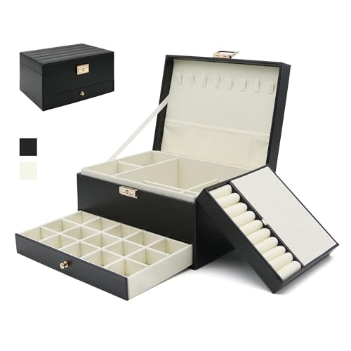Jewelry Organizer, Travel Jewelry Box Organizers for Women Girls, Jewellery Display Holder 3 Layers Large PU Leather Jewel...