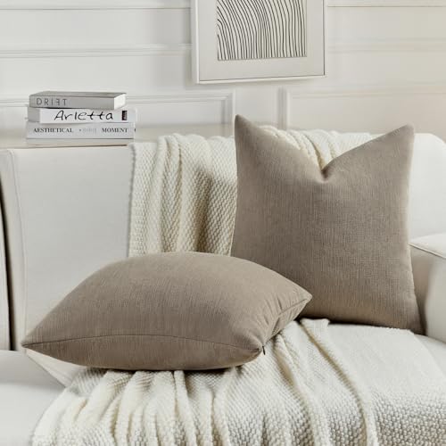 FUTEI Coffee Chenille Decorative Throw Pillow Covers 18x18 Inch Set of 2,Soft Cozy Faux Linen Textured Cushion Case,Farmho...