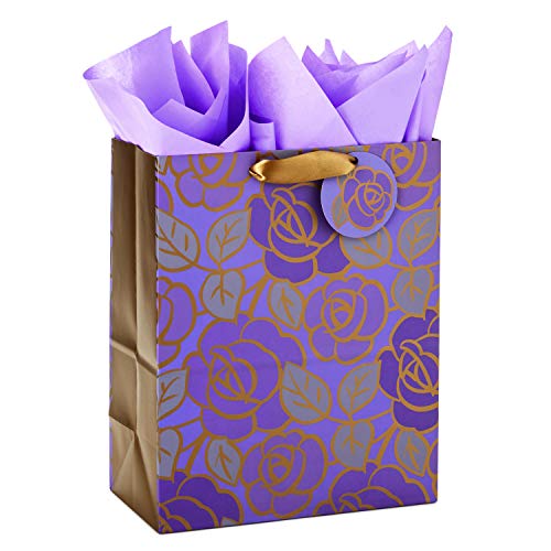 Hallmark 13" Large Gift Bag with Tissue Paper (Purple Flowers, Gold Accents) for Birthdays, Mother's Day, Bridal Showers, ...