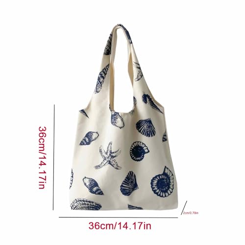Beach Inspired Canvas Tote Bag For Women, Nautical Seashell And Starfish Print, Casual Shoulder Bag Aesthetic, Cute Small ...