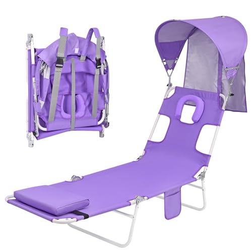Backpack Beach Tanning Chair with Canopy Sun Shade & Face Hole, 6 Position Folding Lounge Sun Chair for Adults Outside Rea...