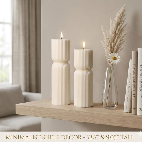 Aesthetic Sandalwood Scented Candles,Ribbed Pillar Candle Set of 2 (7.87" & 9.05" Tall), Natural Soy Wax Minimalist Geomet...