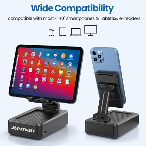 JTEMAN Cell Phone Stand with Bluetooth Speaker, HD Stereo Sound & Anti-Slip Base, Foldable Adjustable Desktop Phone Holder...