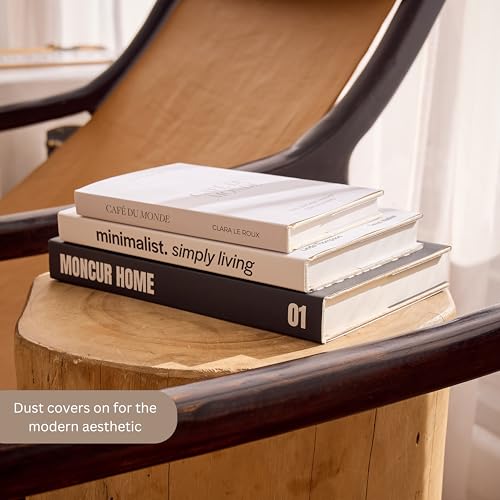 Decorative Coffee Table Books Set of 3 – Neutral Home Décor Beige Hardcovers with Removable Black & White Covers, Real Bla...